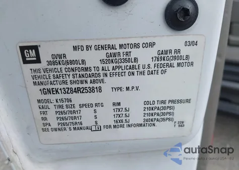 2004 Chevrolet Tahoe Z71 from USA, damaged, VIN 1GNEK13Z84R253818